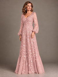Floral Sequin Embroidered A-Line Mother of the Bride Dress with Long Sleeves