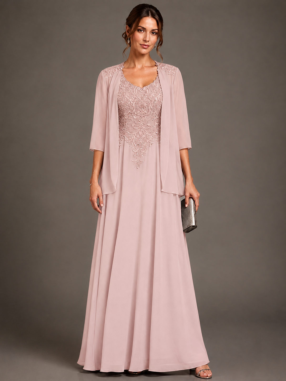 A-line 2 Pieces Chiffon Appliques Mother of The Bride Dresses with Jackets