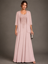 A-line 2 Pieces Chiffon Appliques Mother of The Bride Dresses with Jackets