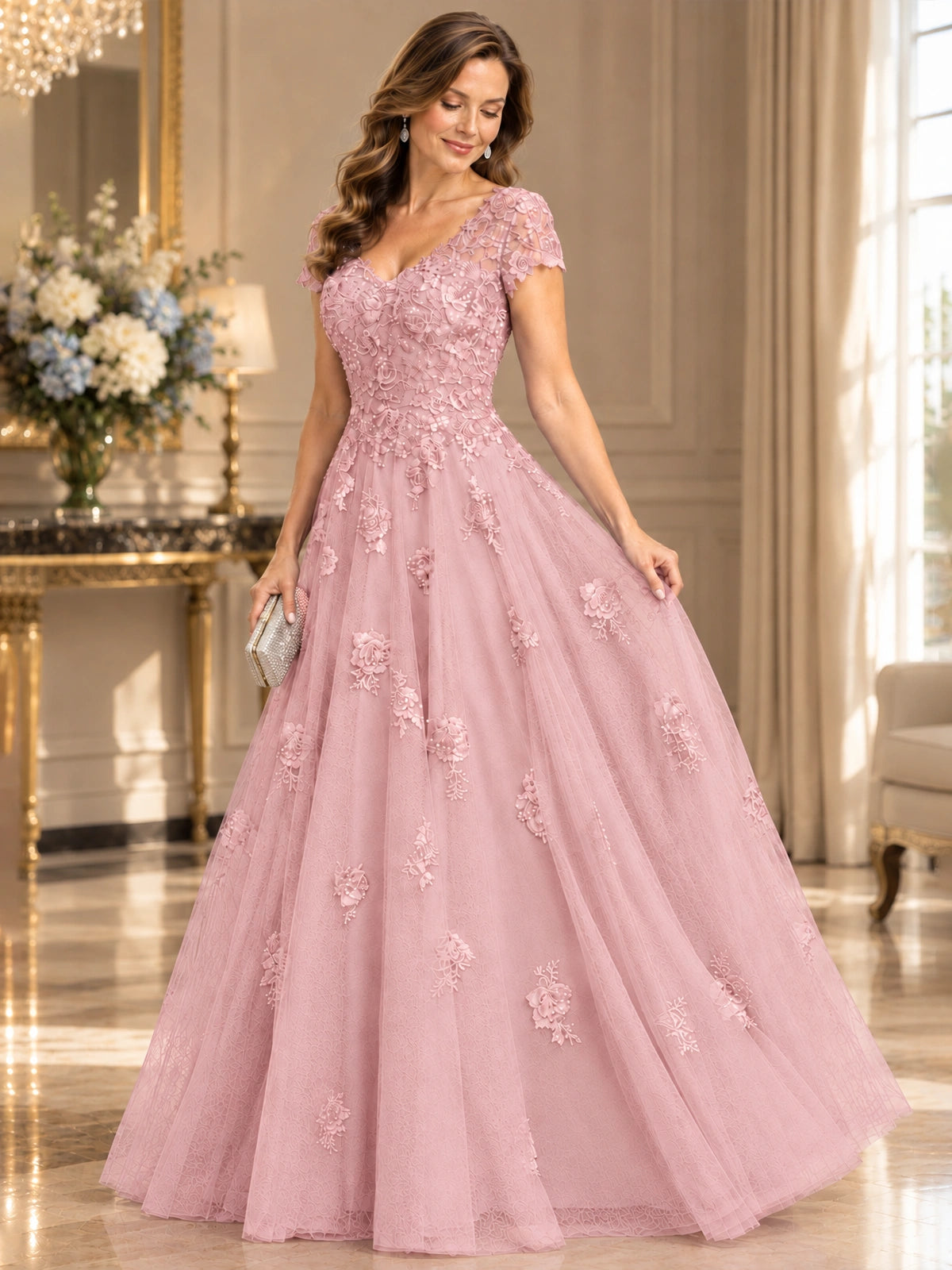 Lace Appliques A-line Mother of The Bride Dresses with Short Sleeves