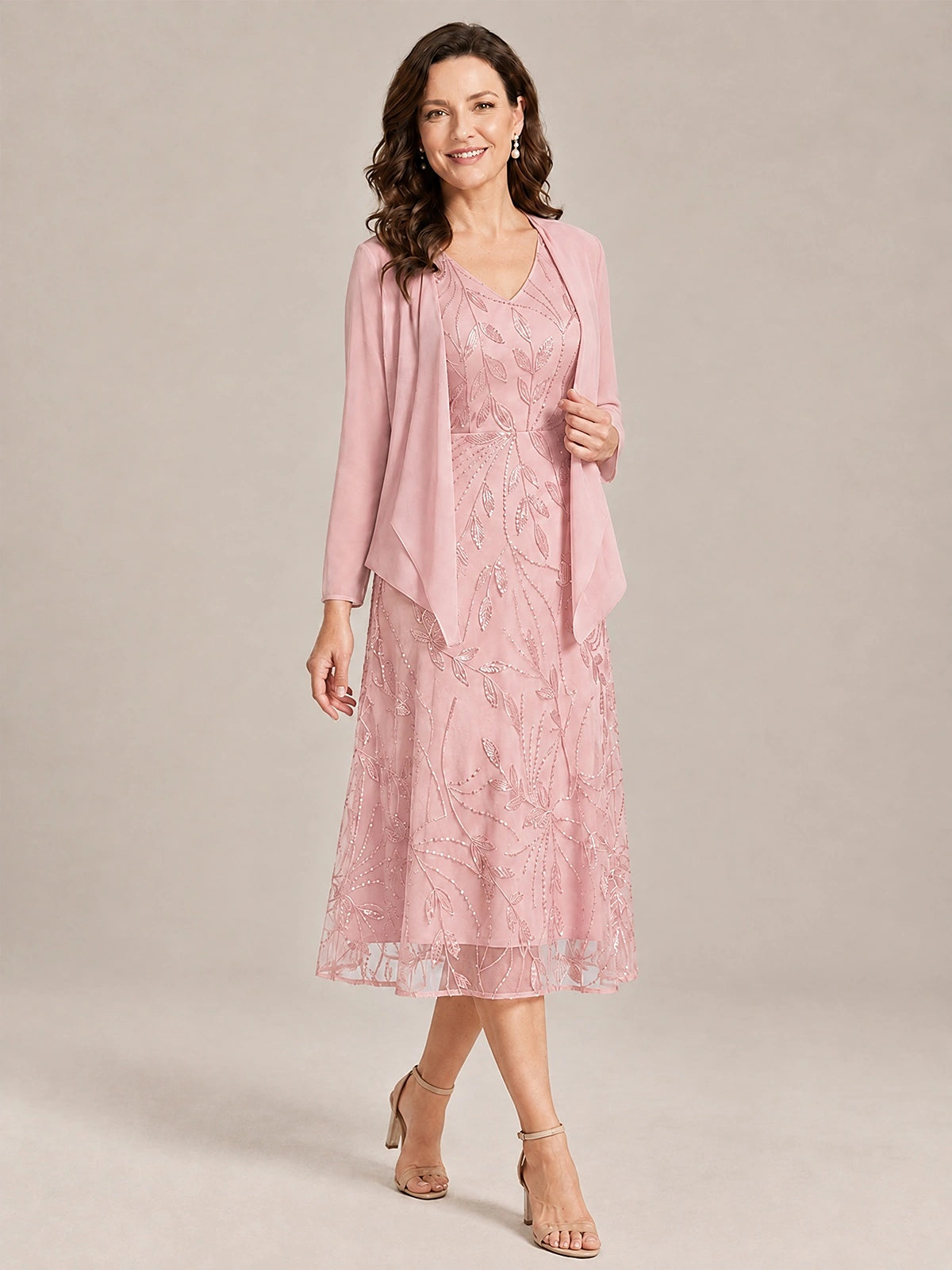 Tea Length Sequin Lace Mother of the Bride Dress with Chiffon Jacket