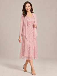 Tea Length Sequin Lace Mother of the Bride Dress with Chiffon Jacket