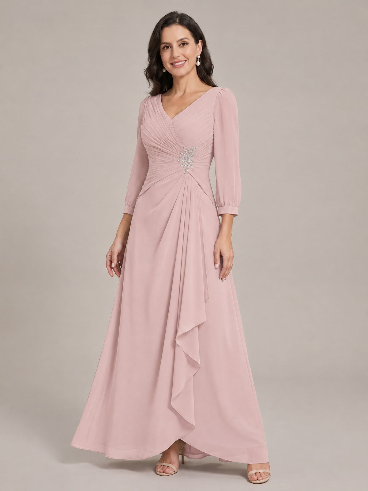 V-Neck Pleated Chiffon Mother of the Bride Dress with Flutter Sleeves