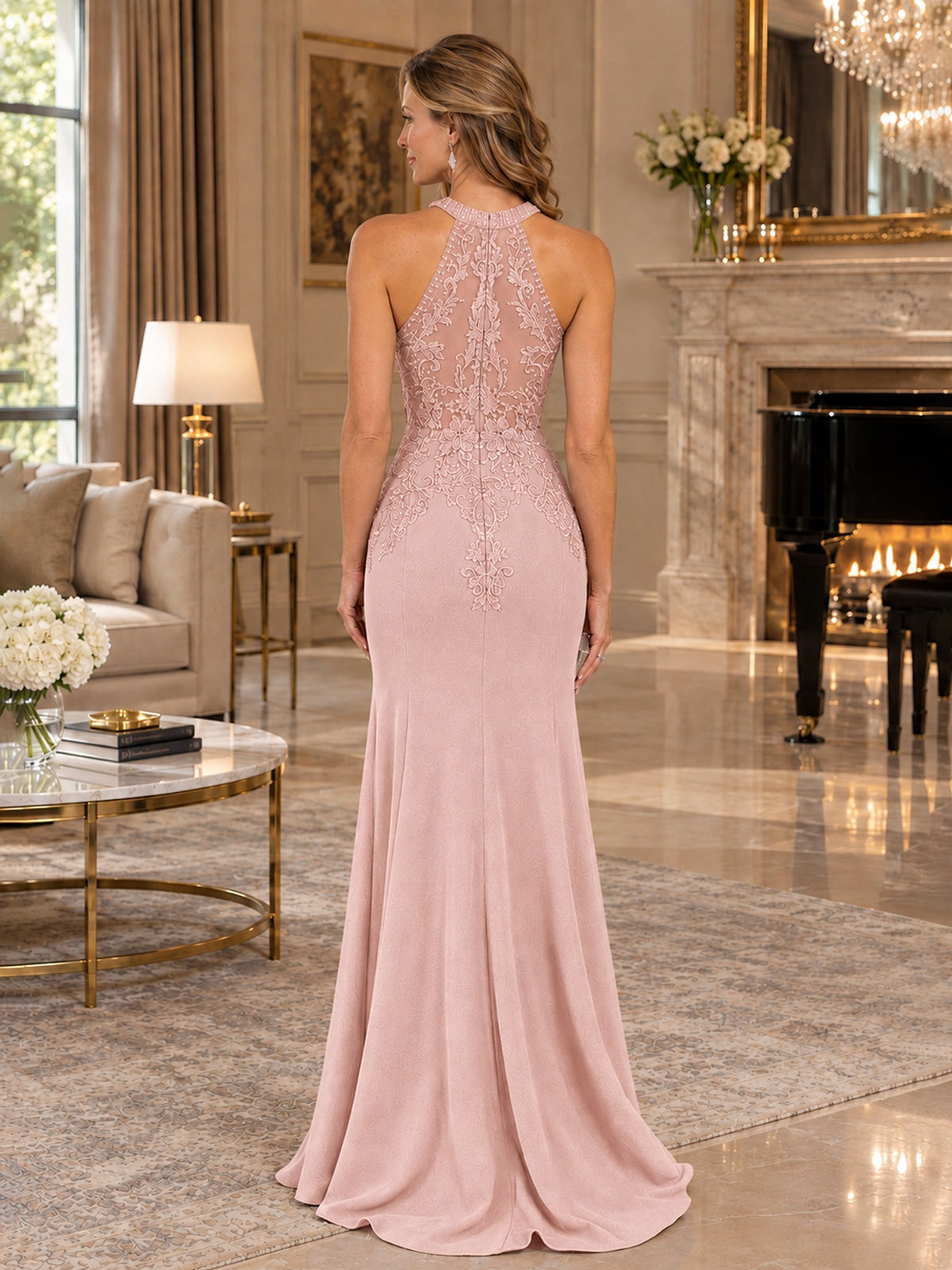 Halter Neckline Lace Appliques Mother of The Bride Dresses