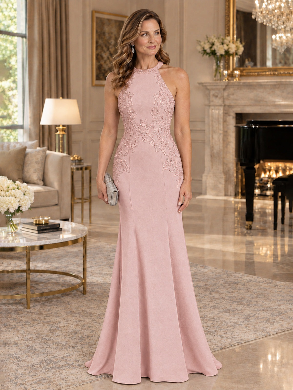 Halter Neckline Lace Appliques Mother of The Bride Dresses