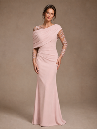 Dusty Rose Illusion Long Sleeve Chiffon Applique Mother of The Bride Dress