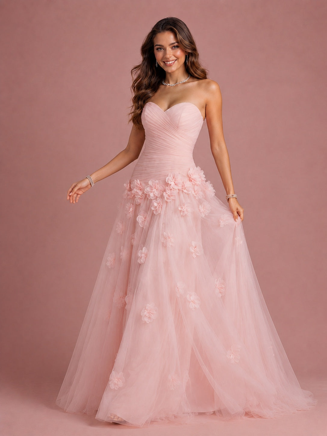 Blush Pink Strapless 3D Floral Tulle Prom Ball Gown