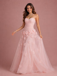 Blush Pink Strapless 3D Floral Tulle Prom Ball Gown