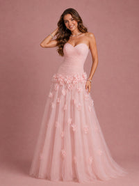 Blush Pink Strapless Sweetheart 3D Floral Tulle Ball Gown Prom Dress