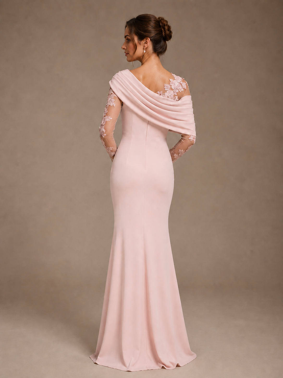 Dusty Rose Illusion Long Sleeve Chiffon Applique Mother of The Bride Dress