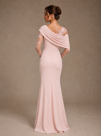 Dusty Rose Illusion Long Sleeve Chiffon Applique Mother of The Bride Dress