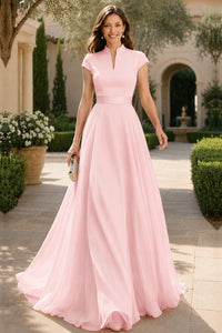 V Neck Cap Sleeve A-Line Floor-Length Satin Bridesmaid Dress