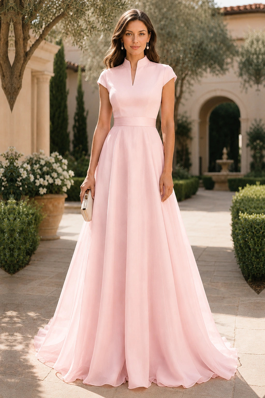 V Neck Cap Sleeve A-Line Floor-Length Satin Bridesmaid Dress