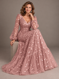 Blush pink embroidered floral tulle bodice detail on elegant mother of the bride gown