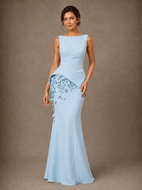 Light blue 3D floral applique mother of the bride dress with asymmetric peplum