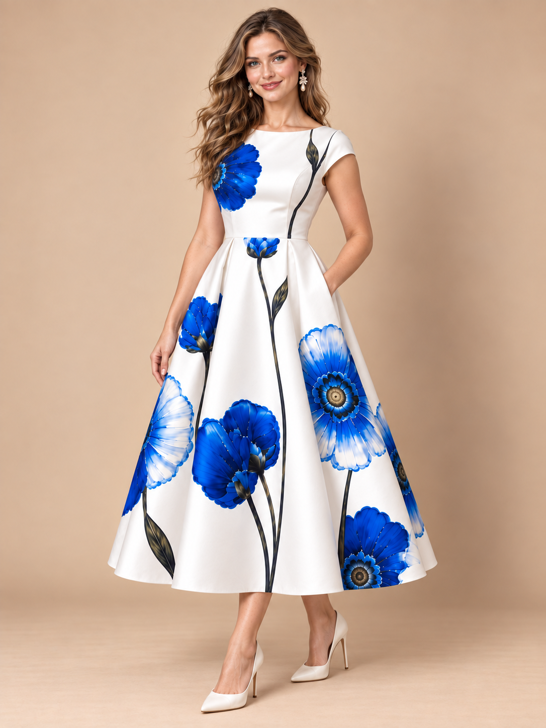 Boat neck blue floral fit-and-flare dress