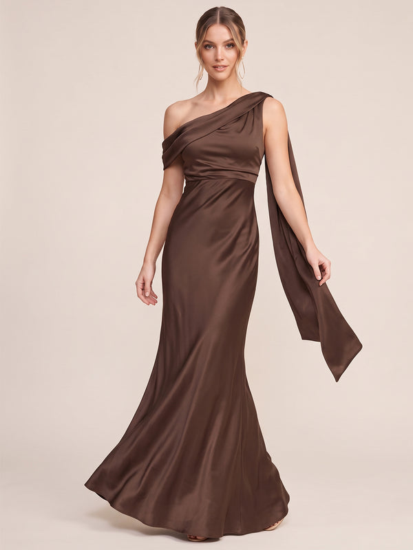 Brown One Shouler Satin Mermaid Maxi Dress