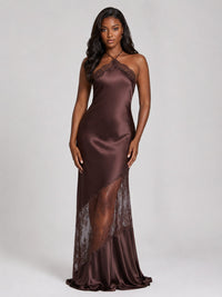 Jovellee chocolate brown satin halter prom dress with lace trim