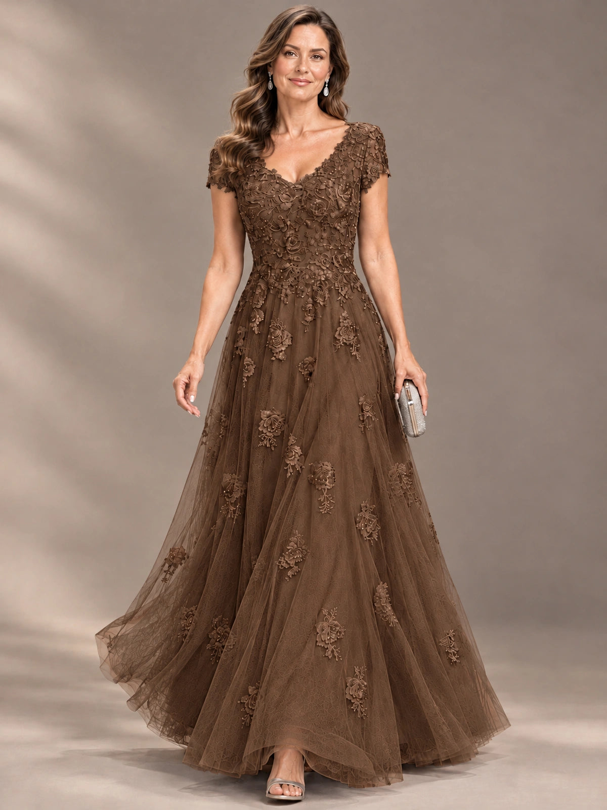 Lace Appliques A-line Mother of The Bride Dresses with Short Sleeves