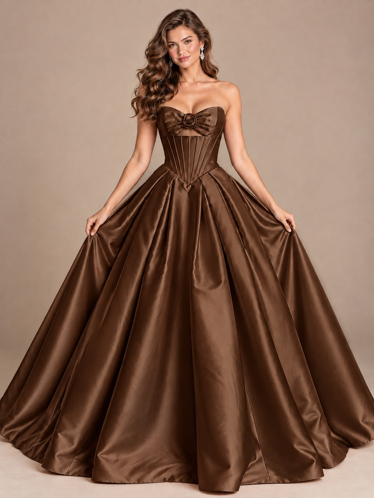 Pink Strapless Corset Satin Prom Derss & Ball Gown with 3D Floral