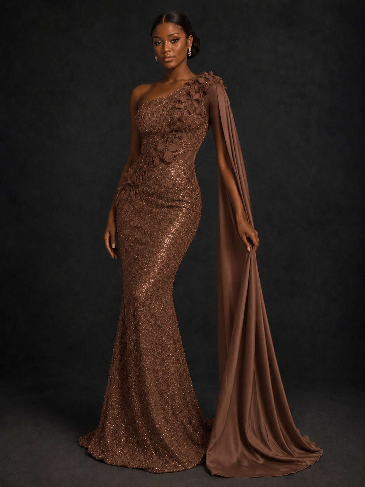 Gold Sequin One Shoulder Mermaid Prom Dress with Cape