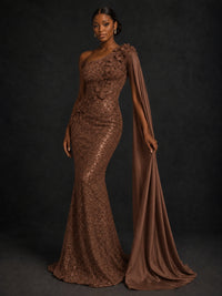 Gold Sequin One Shoulder Mermaid Prom Dress with Cape