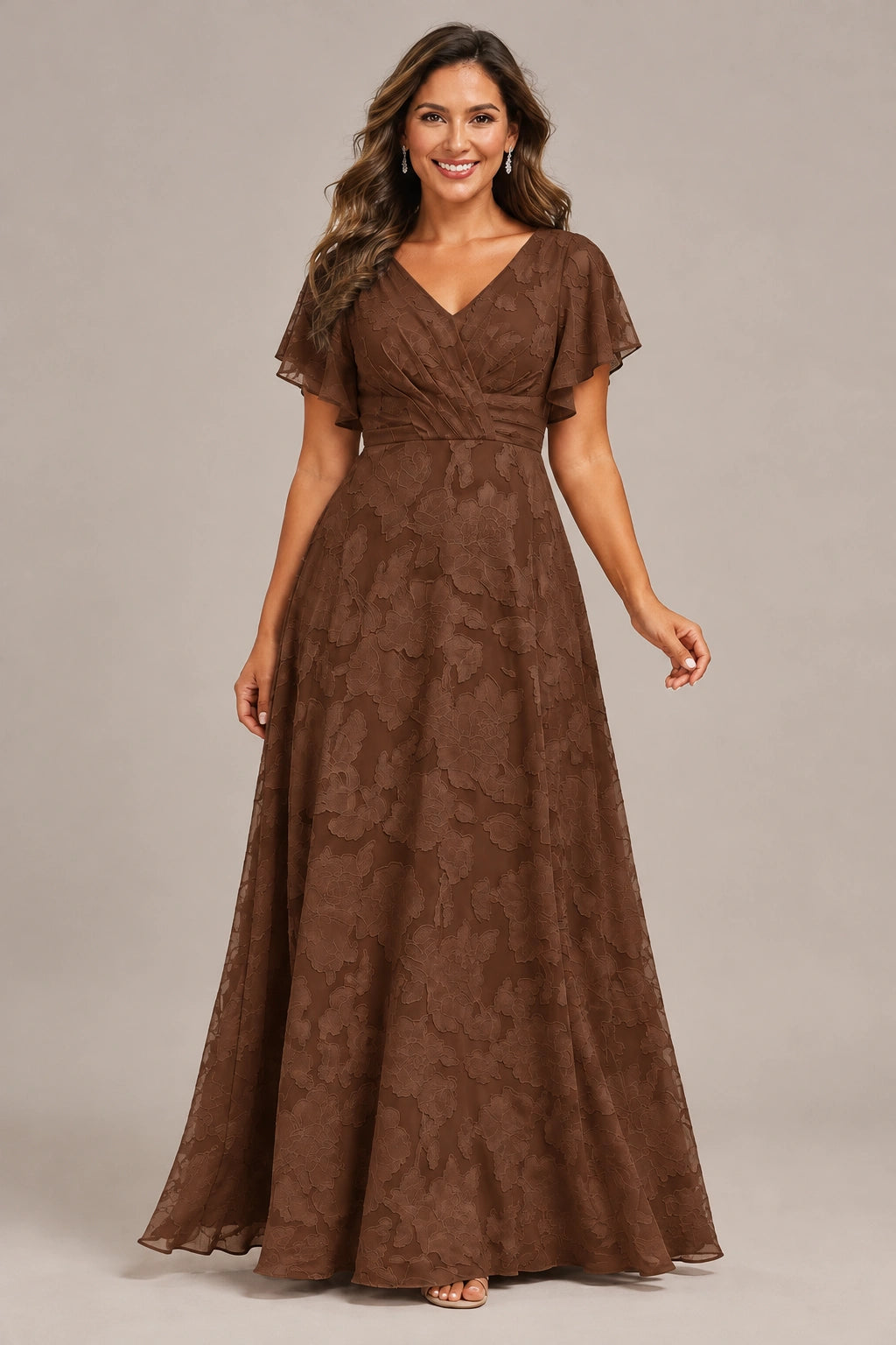 Jovellee Floral Chiffon A-Line Mother of the Bride Dress with Flutter Sleeves