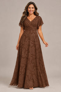 Jovellee Floral Chiffon A-Line Mother of the Bride Dress with Flutter Sleeves