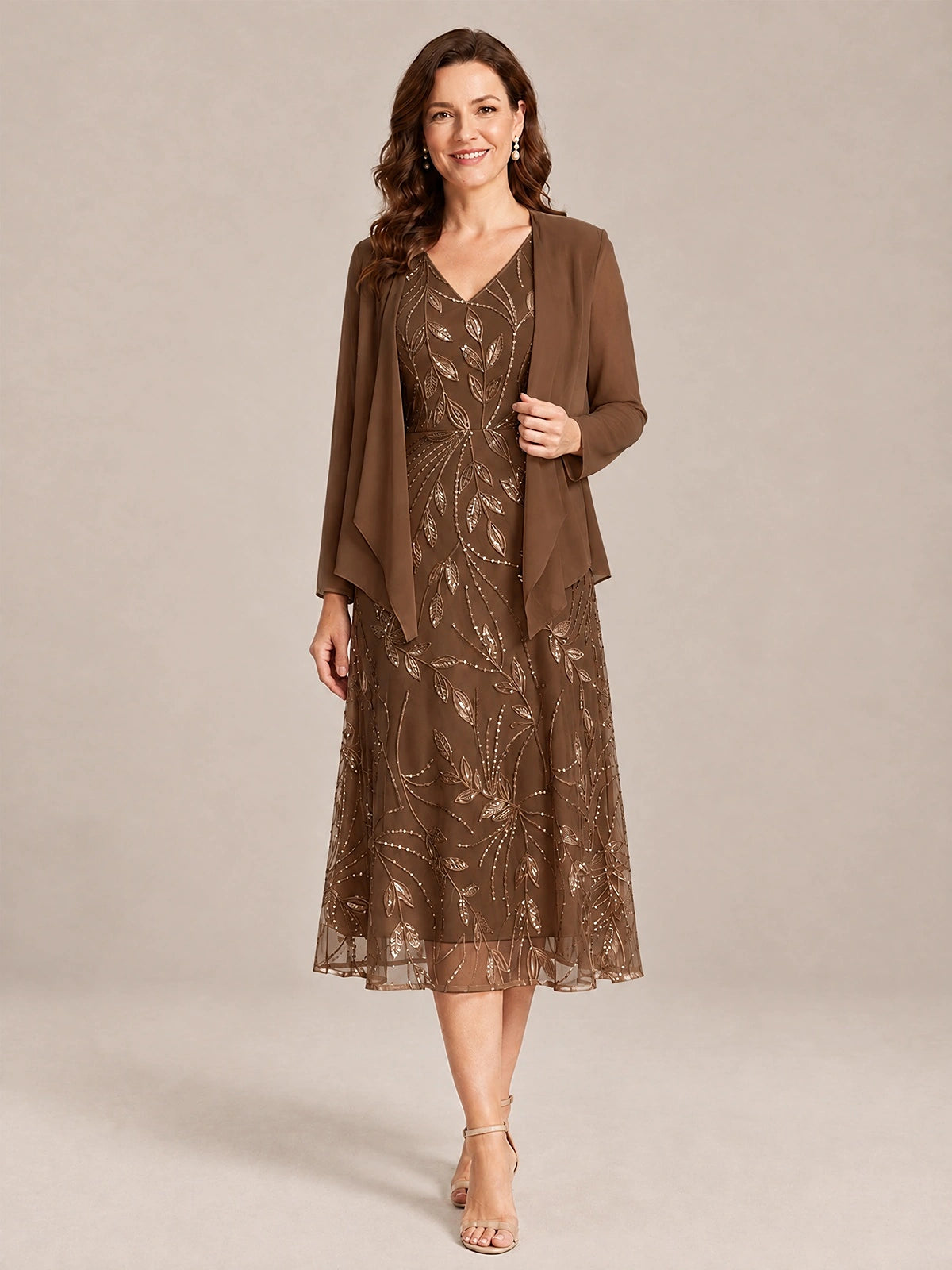Brown-2 Piece Lace Appliques Chiffon Mother of The Bride Dress with Sequin