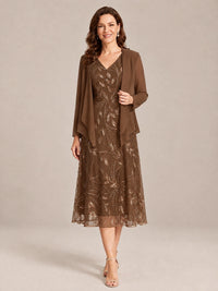 Brown-2 Piece Lace Appliques Chiffon Mother of The Bride Dress with Sequin