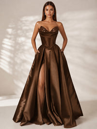 Brown Strapless Corset Satin Prom Dress Long Evening Gown with High Slit
