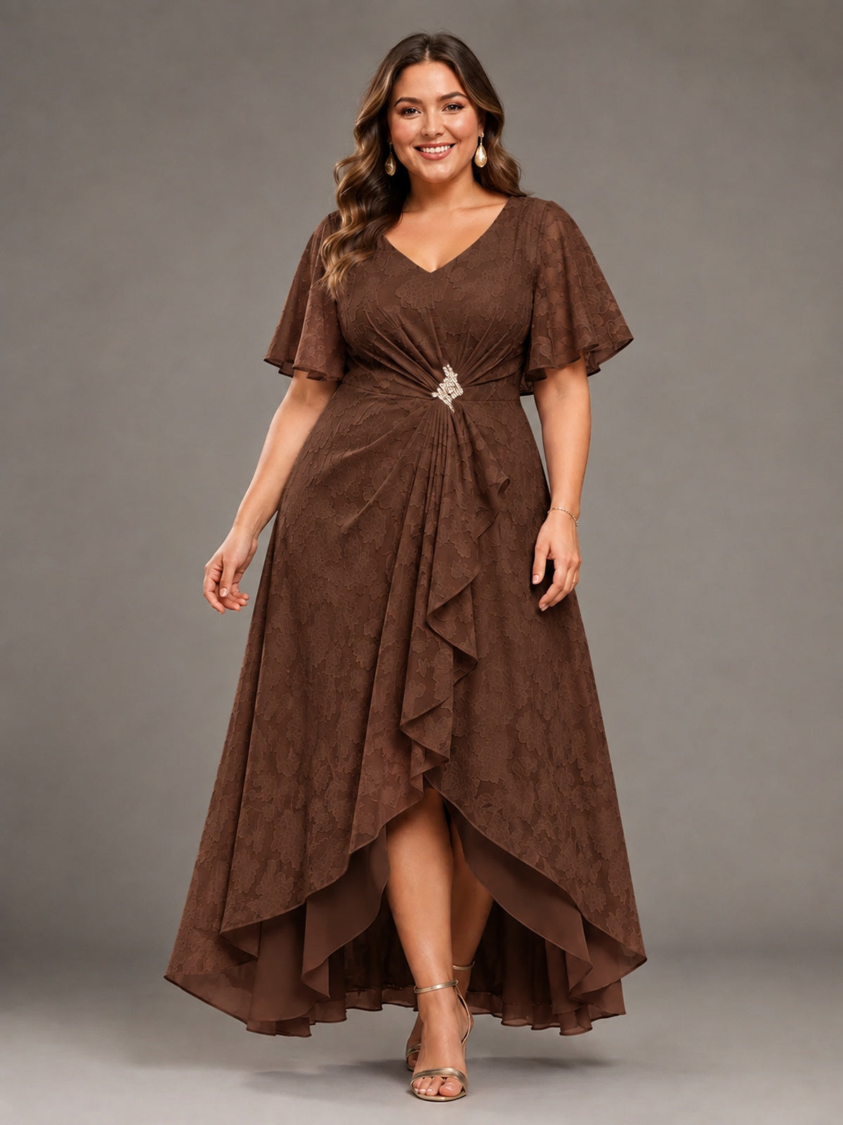 Jacquard Chiffon A-Line V-Neck High-Low Mother of the Bride Dress