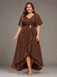 Jacquard Chiffon A-Line V-Neck High-Low Mother of the Bride Dress
