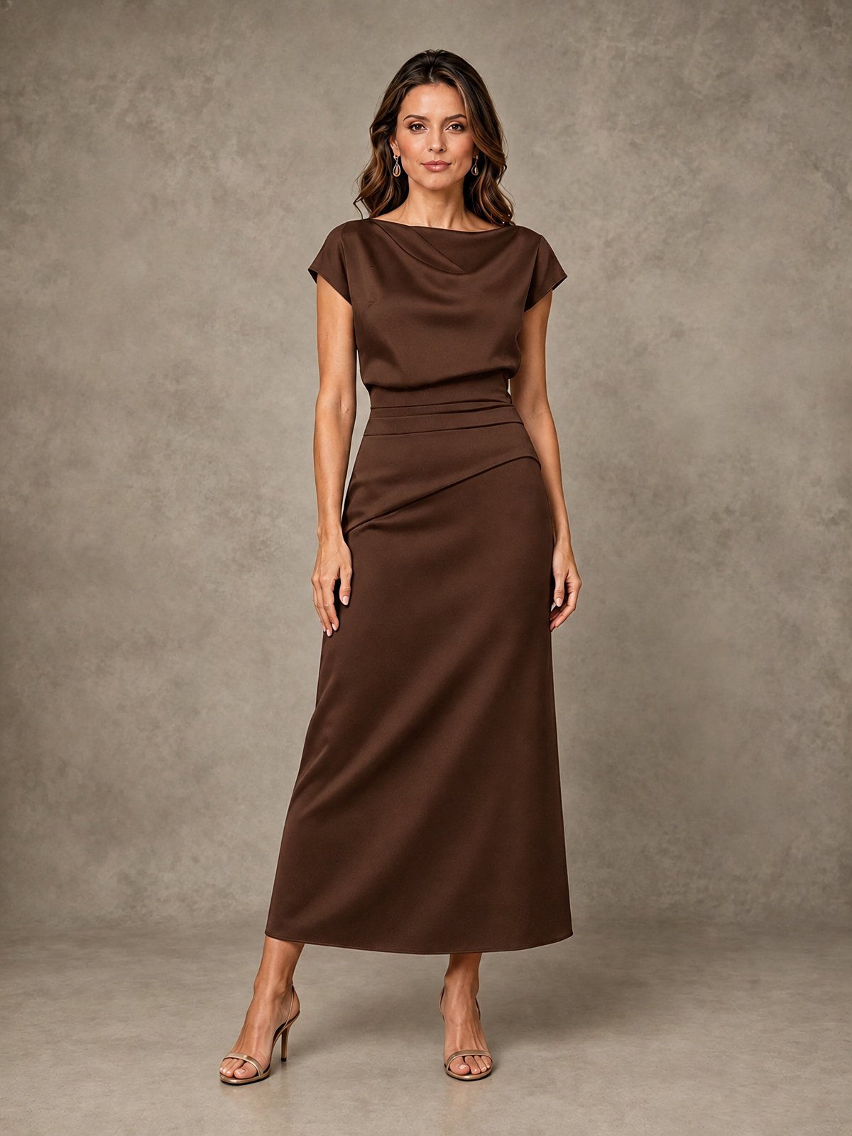 Cowl Neck Satin Mother of the Bride Dress with Ruched Waist
