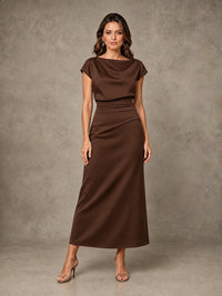 Cowl Neck Satin Mother of the Bride Dress with Ruched Waist