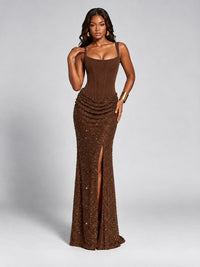 Sequin Corset Mermaid Prom Dress with Square Neck Wide Strap High Slit