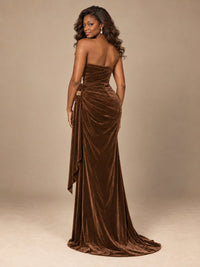 Burgundy Velvet Strapless Ruched Prom Dress with Jeweled Side Drape