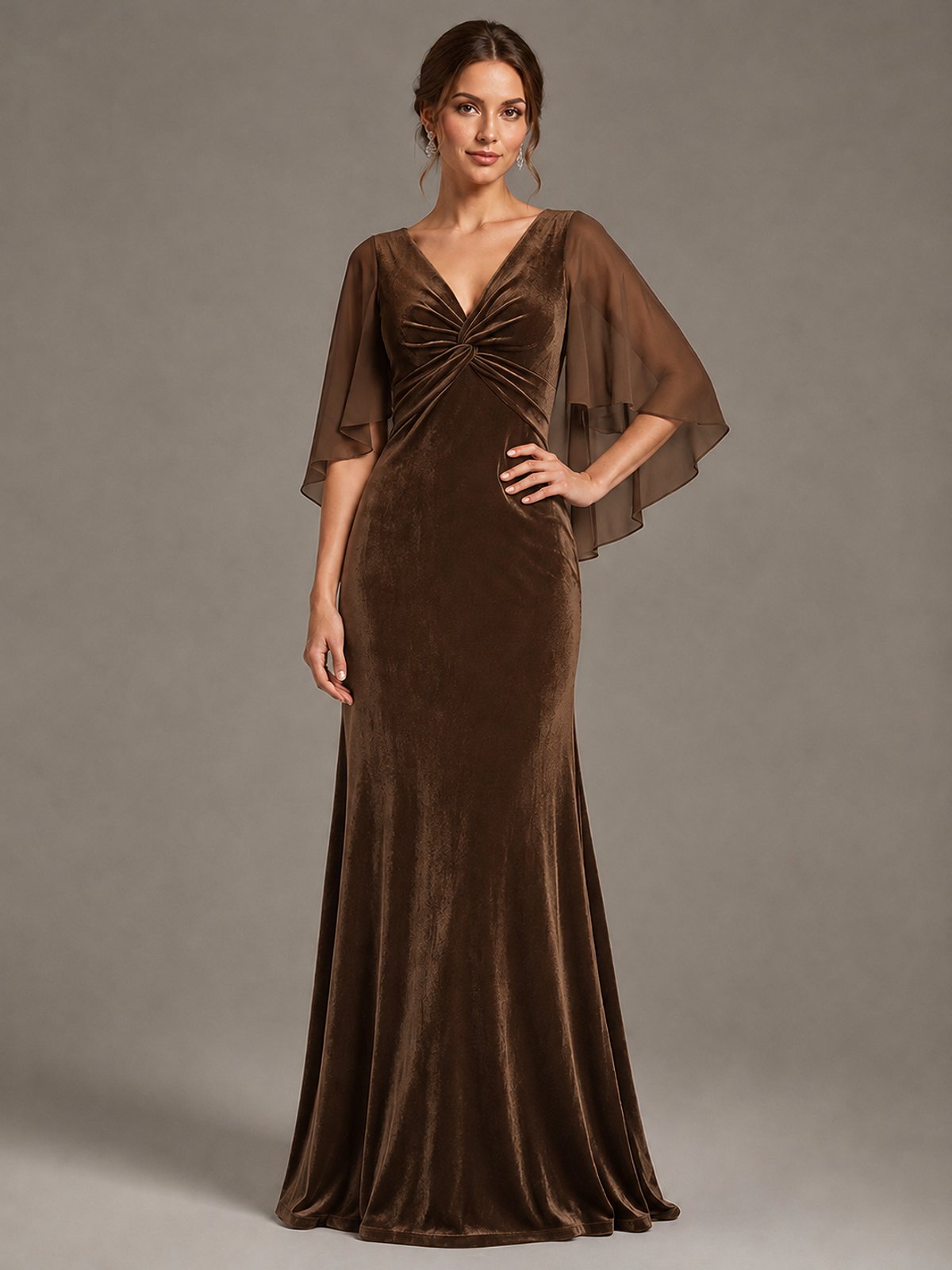 Navy Blue Velvet V Neck Mermaid Formal Dress with Flutter Cape Sleeves