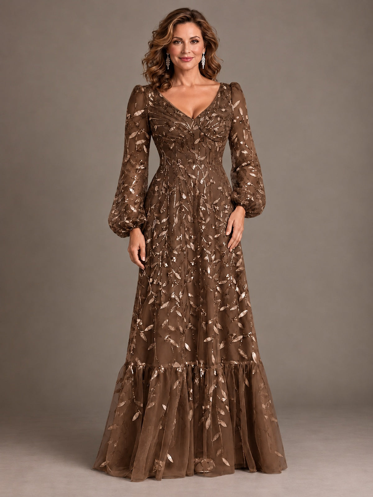 Floral Sequin Embroidered A-Line Mother of the Bride Dress with Long Sleeves