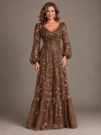 Floral Sequin Embroidered A-Line Mother of the Bride Dress with Long Sleeves