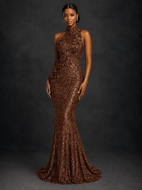 Sparkly Sequin High Neck Mermaid Prom Dress