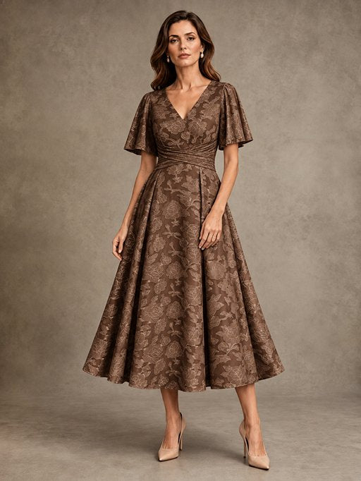 V-Neck Floral Jacquard Tea-Length Mother of the Bride Dress