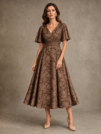 V-Neck Floral Jacquard Tea-Length Mother of the Bride Dress