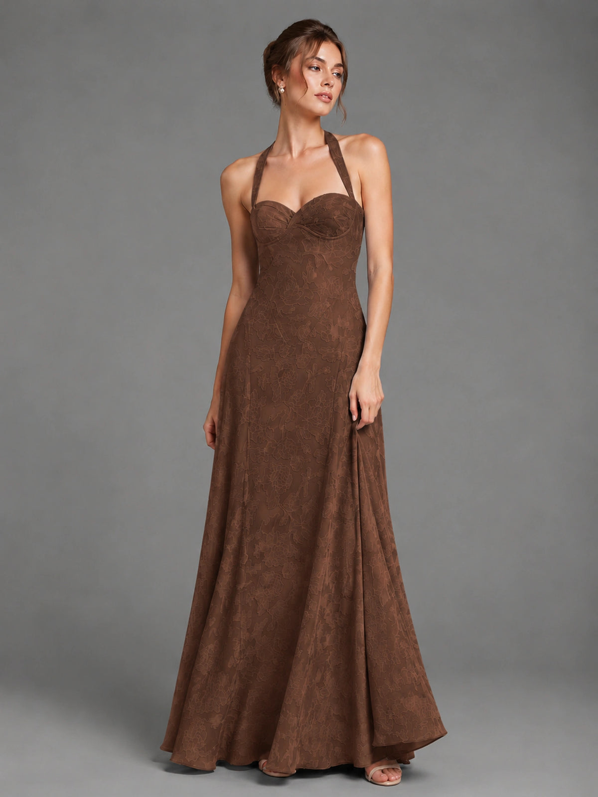 A-Line Halter Floral Chiffon Maxi Dress