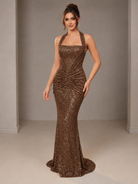Gold Halter Sequin Mermaid Ruched Prom Dress Long Ruched Evening Gown