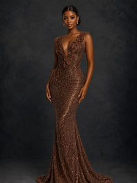 Gold Sequin Floral Applique Mermaid Prom Dress