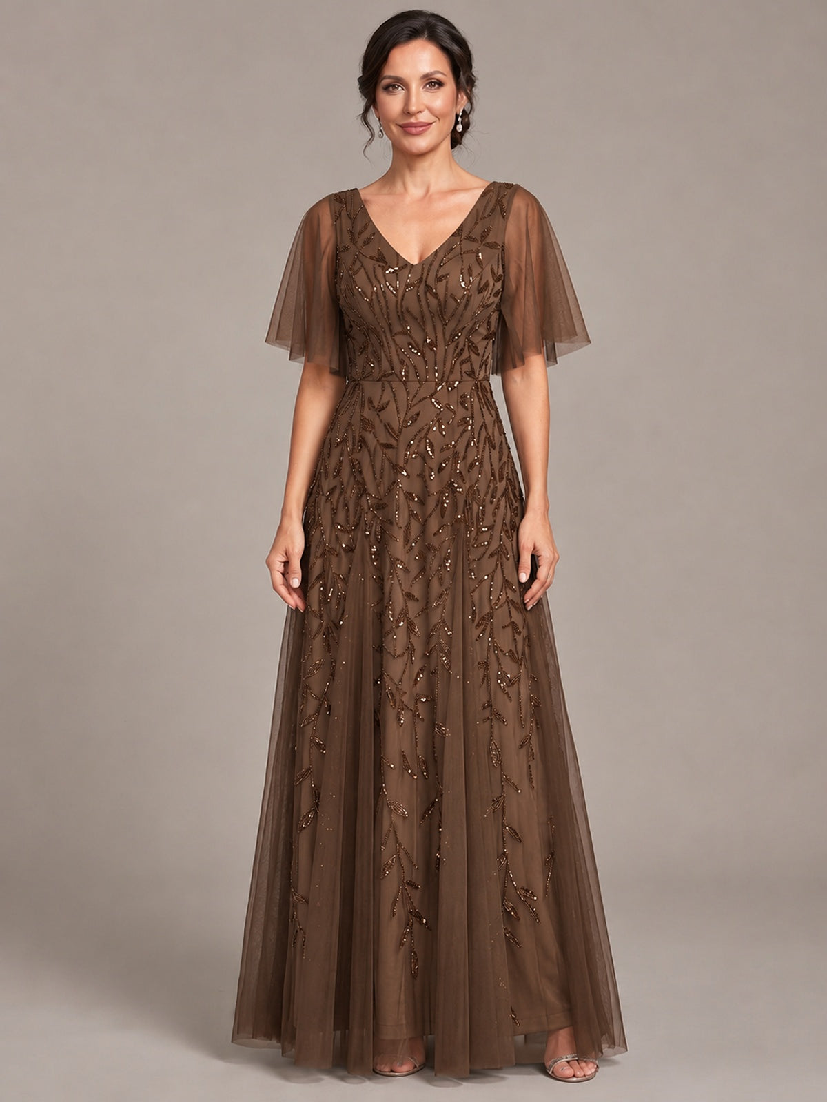 Brown V-Neck Sequin Tulle Mother of the Bride Dress with Flutter Sleeve A-line Evening Formal Wedding Guest Dress