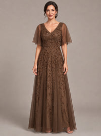 Brown V-Neck Sequin Tulle Mother of the Bride Dress with Flutter Sleeve A-line Evening Formal Wedding Guest Dress