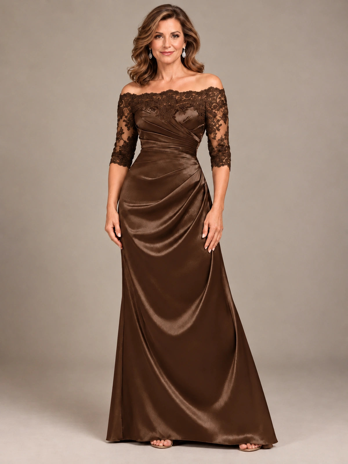 Satin Mother of the Bride Dress with Lace Sleeves Off Shoulder Formal Gown