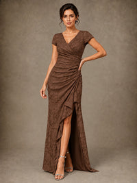 V-Neck Floral Jacquard Mother of the Bride Dress with Slit